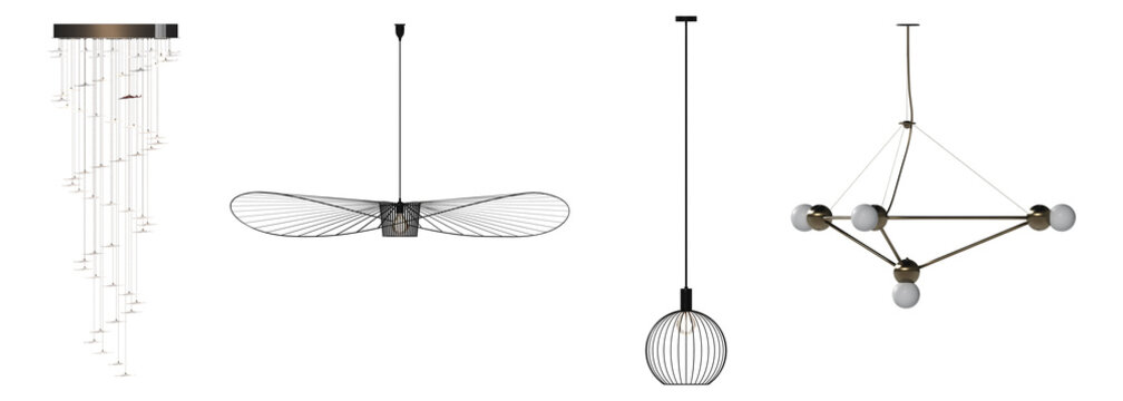 chandelier on the ceiling isolated on white background, hanging lamp, pendant light, 3D illustration, cg render