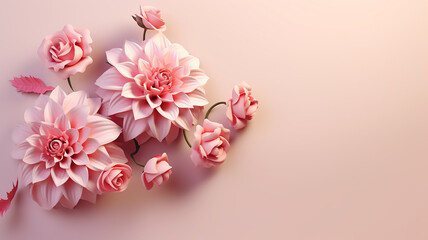 Fototapeta na wymiar A bouquet of pink dahlias and small roses with a few leaves on the edge of the corner against a light pink. generative AI