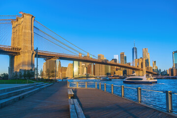 Manhattan's skyline with Brooklyn bridge, cityscape of New York City in the United States