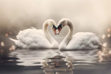 Zelfklevend Fotobehang Animal, wildlife, love and fantasy concept. Two white swans in love swimming in lake. Swans making heart shape from necks in dreamlike and magical background with copy space. Generative AI © Rytis