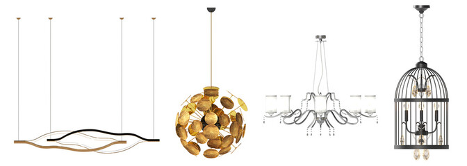 chandelier on the ceiling isolated on transparent background, hanging lamp, pendant light, 3D illustration, cg render