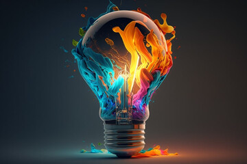 a colorful glowing 3d idea bulb lamp, visualization of brainstorming, bright idea and creative thinking, ambient backgrpund