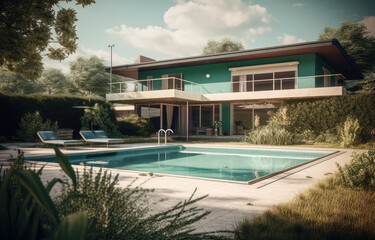 a modern house having huge swimming pool