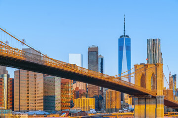 Manhattan's skyline with Brooklyn bridge, cityscape of New York City in the United States