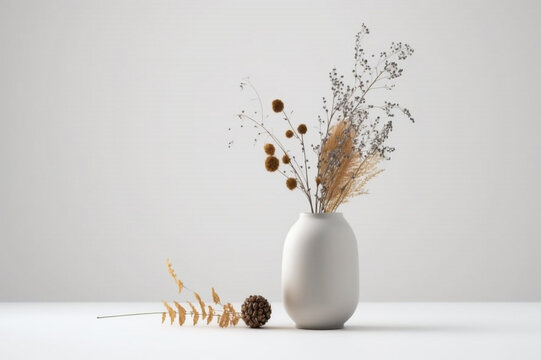 White background with a vase on the left side of the image filled with dried flowers,	