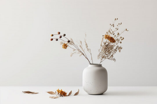 White background with a vase on the left side of the image filled with dried flowers,	