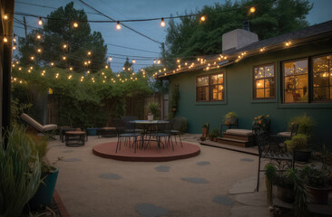 large backyard featuring a backyard surrounded by trees and string lights