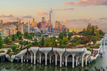 Cityscape of downtown Manhattan skyline with the Little Island Public Park in New York City at...