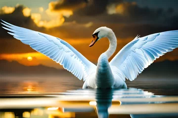 Fotobehang swan in the sunset on a lake © Sabit