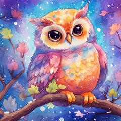 Obraz premium watercolor painting of a colorful owl sitting on a branch