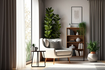 Living room interior with carpet, white chair, lamp, coffee table, bookshelf, plant, and curtain. Blank wall with vertical frame