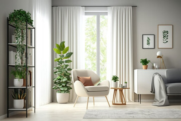 Living room interior with carpet, white chair, lamp, coffee table, bookshelf, plant, and curtain. Blank wall with vertical frame