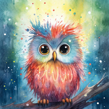 watercolor painting of a colorful owl sitting on a branch at nigh