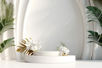 Beauty, fashion, make-up, product concept. Minimalist product placement white podium with leaves and flowers in background and copy space. Minimalist and luxury style. Generative AI