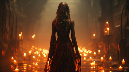 A woman in a red dress and a demon costume, standing in front of candles in a gloomy atmosphere.