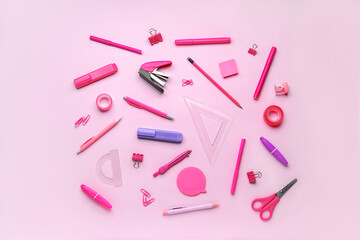 Composition with stationery supplies on pink background