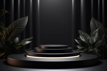 Beauty, fashion, make-up, product concept. Minimalist product placement black podium with leaves and flowers in background and copy space. Minimalist and luxury style. Generative AI