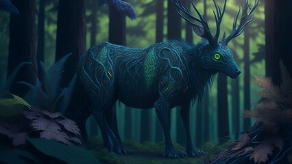 Cybernetic Wildlife Biomechanical Creatures Glowing Patterns Organic And Synthetic Fusion Lush Digital Forest