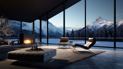 Fototapeta premium Interior of a high-tech chalet with panoramic windows and a view of the snow-capped mountains. Generative AI photorealistic illustration.