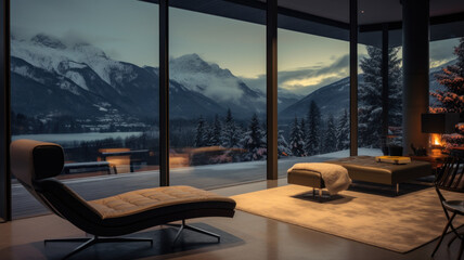 Interior of a high-tech chalet with panoramic windows and a view of the snow-capped mountains. Generative AI photorealistic illustration.