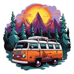 Retro camper vans in forest cartoon sticker, campers collection.