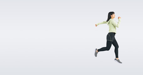 Fototapeta na wymiar スポーツウェアを着てジャンプする女性　（切り抜き背景透過PNGも販売しております。作成者リンクから「PNG」で検索してください）