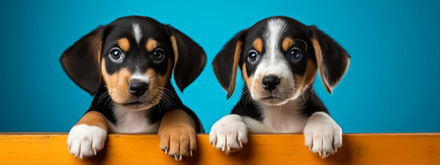 Portrait of a cute black and tan beagle puppy, isolated on blue background