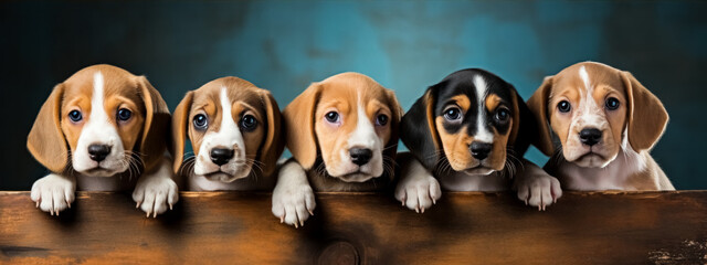 Group of cute beagle puppies in a row over wooden background.