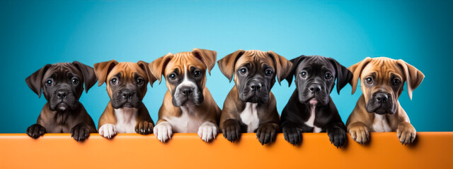 Group of Boxer puppies over blue background with space for your text