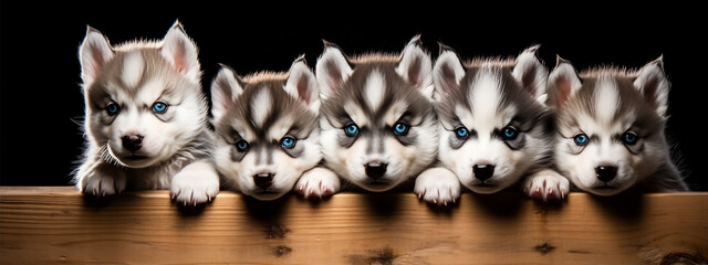Group of siberian husky puppies with blue eyes, isolated on black background