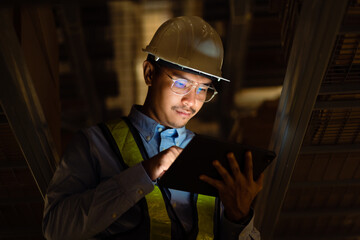 Asian engineer at power plant using digital tablet working night shift at petroleum refinery in...
