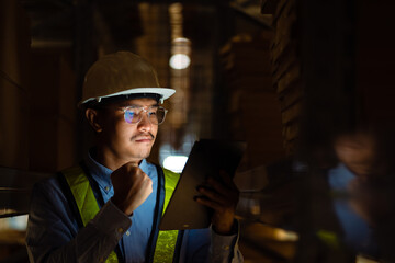 Asian engineer at power plant using digital tablet working night shift at petroleum refinery in...