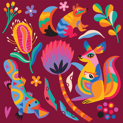 Cute abstract Australian animals, flowers and leaves. Vector illustration