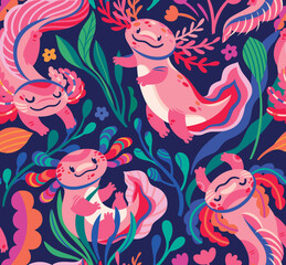 Seamless pattern with cute cartoon axolotls, pink amphibian creatures are floating in the seaweeds