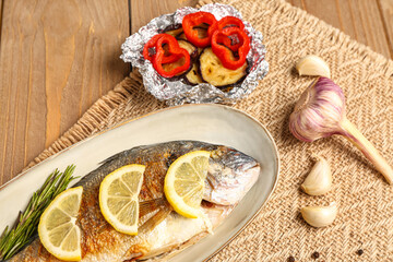 Plate with tasty grilled dorado fish on wooden background