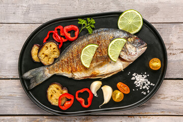 Tray with tasty grilled dorado fish on grey wooden background