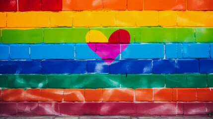 Colorful painted brick wall with heart symbol. LGBT pride concept.