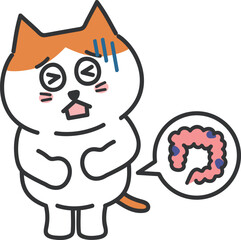 Cartoon orange tabby cat having lower abdominal pain, vector illustration.
