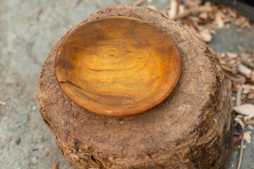 Wooden bowl with wood chips top view