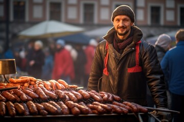A Sausage Vendor at Bustling Street Market. Bratwurst , German Saugsage. Generative AI - obrazy, fototapety, plakaty