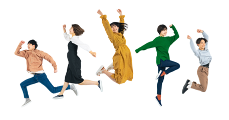 ジャンプする若者のグループ　Z世代　背景透過切り抜きPNG　（一人ずつの画像も販売しております。作成者リンクから「PNG」で検索してください）
