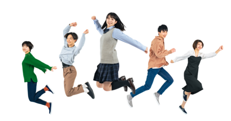 ジャンプする若者のグループ　Z世代　背景透過切り抜きPNG　（一人ずつの画像も販売しております。作成者リンクから「PNG」で検索してください）