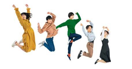 ジャンプする若者のグループ　Z世代　背景透過切り抜きPNG　（一人ずつの画像も販売しております。作成者リンクから「PNG」で検索してください）