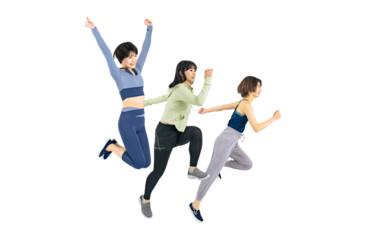 スポーツウェアを着てジャンプする女性のグループ　背景透過切り抜きPNG　（一人ずつの画像も販売しております。作成者リンクから「PNG」で検索してください）
