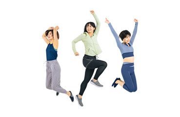 スポーツウェアを着てジャンプする女性のグループ　背景透過切り抜きPNG　（一人ずつの画像も販売しております。作成者リンクから「PNG」で検索してください）