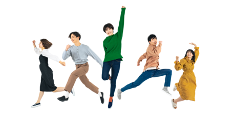 ジャンプする若者のグループ　Z世代　背景透過切り抜きPNG　（一人ずつの画像も販売しております。作成者リンクから「PNG」で検索してください）