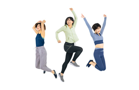 スポーツウェアを着てジャンプする女性のグループ 背景透過切り抜きPNG (一人ずつの画像も販売しております。作成者リンクから「PNG」で検索してください)