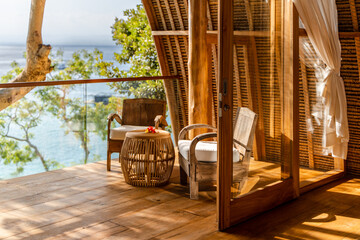 Interior detail shots of eco resort balcony overlooking the ocean