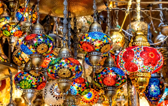 Colorful Turkish Mosaic Lamps Ornaments Grand Bazaar Istanbul Turkey