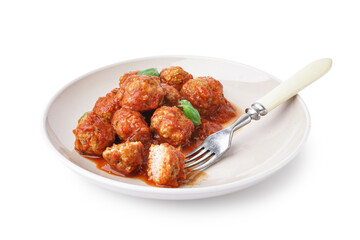 Plate of tasty meat balls with tomato sauce and basil on white background